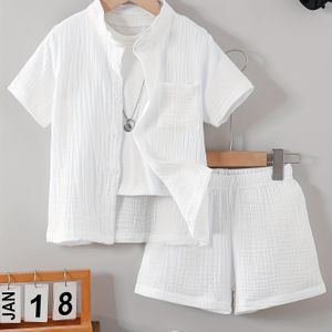 Jongens Kleur Zomer Mode Nieuwe Overhemd met Opstaande Kraag en Enkelrijige Sluiting met Zakken - Ademend Korte Mouw Shorts Set, Ideaal voor Buiten