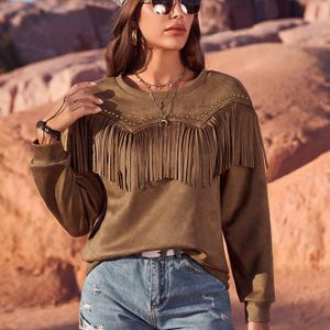 Dames Vintage Western Tuniek Trui - Lange Mouw Ronde Hals Pullover met Franje Zoom, Olijfgroene Herfst/Winter Trui voor Dagelijkse & Formele Outfits