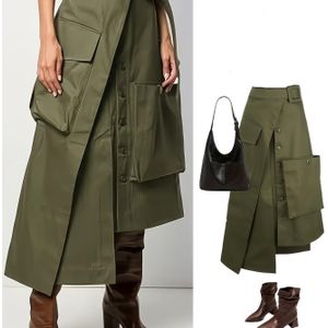 Elegante Olijfgroene Polyester Cargorok met Meerdere Zakken, Asymmetrische Zoom en Gladde Textuur - Perfect voor Casual of Formele Gelegenheden, Maxirok