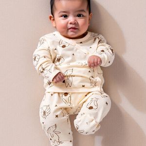 2-delige Baby Jongen Newborn Set - Zachte Gebreide Jumpsuit met Konijn & Print, Ronde Hals Lange Mouw Top & Bijpassende Broek, Comfortabele Outfit voor Alle Seizoenen, voor Buiten
