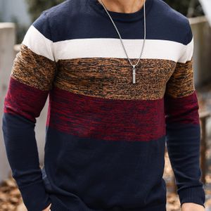 Herensweater met Gestreepte Kleurblokken en Ronde Hals - Zacht Polyester Gebreide Pullover, Lange Mouwen, Machinewasbaar voor Alle Seizoenen