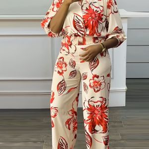 Plus Size Dames Set Met Eenvoudige Gedrukte Collared Top En Lange Broek Met Elastische Taille.