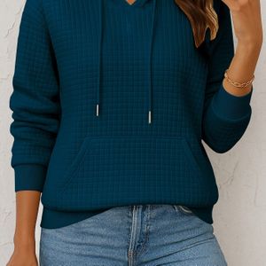 Herfst/Winter Dames Navy Blauwe Waffle Capuchon Trui, Textuur Stof, Moeiteloze Luie Stijl, Dameskleding