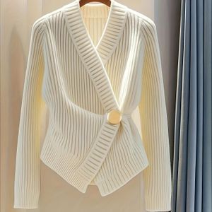 Vrouwen's Elegante Asymmetrische V-hals Vest - Slim Fit Lange Mouw Trui met Taille Accent, Machinewasbaar Top voor Casual & Formele Kleding, Cardigan Trui, Strakke Stof, Gladde Textuur