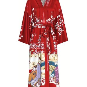 Gracieus Bloemen- en Geometrisch Print Dames Kimono Stijl Badjas - Zachte Lichtgrijze V-Hals Lange Mouw Omslagdoek met Riem, Wasbaar in de Machine All-Seizoenen Loungewear voor Lente Zomer Herfst