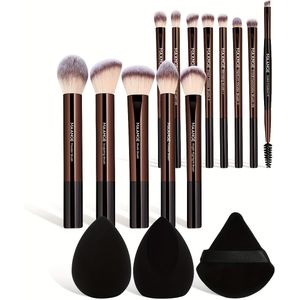 MAANGE 16-delige Professionele Make-up Set Inclusief 13 Aluminium Tube Make-up Kwasten & 3 Sponzen, Poederkwast, Blushkwast, Oogschaduwkwast, Wenkbrauwkwast, Reisvriendelijke Set, Kerstcadeauset