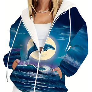 Dames Plus Size Marine Dolfijn & Print Hoodie met Rits - Nautisch Thema Stretch Jas, Lente/Herfst Casual Buitenkleding voor Strandoutfits & Laagjes, Wasmachinebestendig (Dolfijnpatroon)
