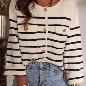 Vrouwen's Elegante Gestreepte Trui Cardigan - Lange Mouw met Knopen, Rekbare Herfst/Winter Sweater voor Casual & Formele Outfits, Wasmachinebestendig, Klassiek Gestreept Design, Duurzaam
