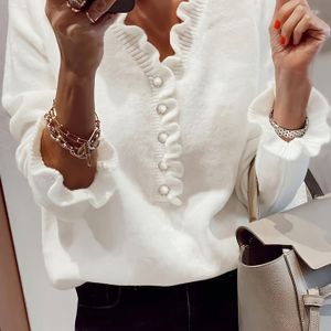 Dames Chic V-hals Lange Mouw Trui - Elegante Knopen-Up Pullover met Cuffs, Cream Jersey Material, Perfect voor Herfst/Winter Mode, Stijlvolle Outfit | Chic Stijl | Jersey Stof