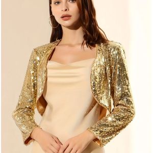 Modieus Pailletten Slim-Fit Jas met Lange Mouwen | Lente/Herfst Seizoen, Cardigan Kraag, Kleur met Contrasterende Pailletten Details.