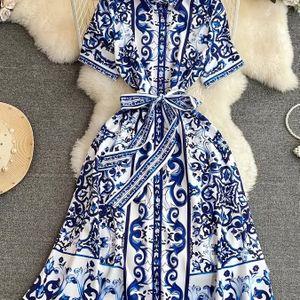 Women's Vintage-inspired Floral Print A-line Dress With Short Sleeves And Belted Waist - Elegant Blue And White Polyester Summer Dress For Casual Or Formal Occasions, Vintage Dress