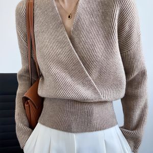 Dames Elegante Slim-Fit V-hals Trui - Zachte Lange Mouwen Beige Alledaagse Laagaardeling Top, Buikcontrole & Kreukbestendig voor Casual tot Formele Outfits (Handwas/Stomerij), Tr