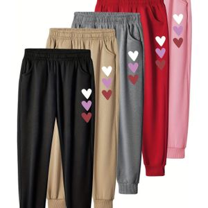 5PCS Meisjes Warme & Comfortabele Harten Grafische Print Fleece Gevoerde Sweatpants Set Voor Lente & Herfst Buiten
