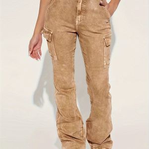 1pc Elegante kleur denim cargo broek, medium stretch met zakken, lage taille knoopsluiting lange lengte voor alle seizoenen, casual weekend