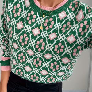 Elegante kleurbloksweater voor dames - Slim Fit, Lange mouw, Geometrisch in groen, roze en wit, Ronde hals, Lichtgewicht polyester voor lente/herfst