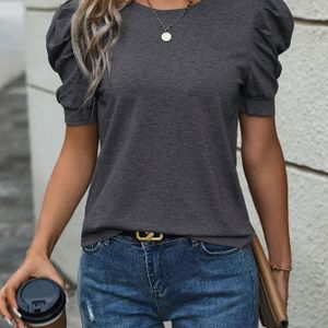 Elegant Gray Crew Neck Short Sleeve Top For Women - Soft Polyester , Casual & , Casual Attire, Casual Casual Attire|elegant Crew Neck|smooth Texture Fabric