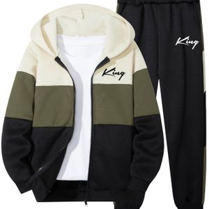 2 stuks Jongens Contrasterende Kleuren Rits Trui & Joggingbroek Set, Modieuze Letter Herfst/Winter Fleece , Ideaal voor Buiten