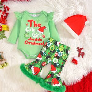 Meisjes Schattige Kerstfeestjurk met Letterprint, Lange Mouwen Trui, Pluizige Rand Broek en Muts Driedelige Set