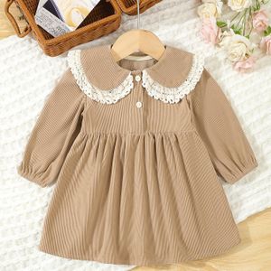 Meisjes Lange Mouwen Corduroy Jurk met Kantafwerking en Poppenkraag, Casual Kleur Midi Rok voor Lente/Herfst - Machinewasbaar