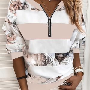 T-shirt met kleurenblok en bloemenprint, casual T-shirt met rits en lange mouwen voor lente en herfst, dameskleding