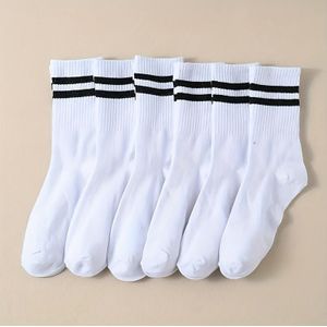 6 Pairs Of White Striped Mid-calf Socks, Simple And Breathable, Suitable For Men And Women.