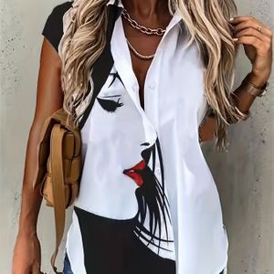 Plus Size Woman Print Button Front Shirt, Casual Short Sleeve Shirt For , Women's Plus Size Clothing