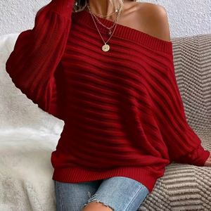 Stijlvolle Off-Shoulder Trui voor Vrouwen - Chique Kleur, Knusse Acryl Pullover met Lantaarnmouwen, Casual & Modieus, Perfect voor Herfst/Winter - Handwasbaar