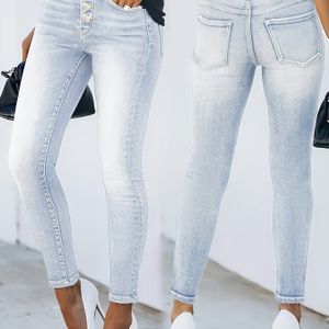 Wash Stretch Jeans - Broek met Knoopsluiting, Riemlussen & Witte Knoopsluiting, Casual tot Chique voor Alle Seizoenen, Machinewasbare Rechte Pijpen (Geen Franjes/Zaagmaat Aanpassingen)