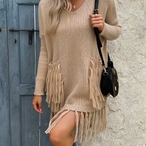Vrouwen Vintage-geïnspireerde losse gebreide trui met tassel zak, lange mouw V-hals, herfst en lente casual kleding - Beige, herfst casual kleding|Vintage gebreide top|Tassel detail