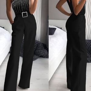 1pc Elegante Zwarte Jumpsuit voor Vrouwen, Mouwloze Rhinestone Versierde, Ronde Hals, Polyester Gebreide Stof, 97% Polyester 3% Elastane, Veelzijdige Kleur Ontwerp, Chic Stijl