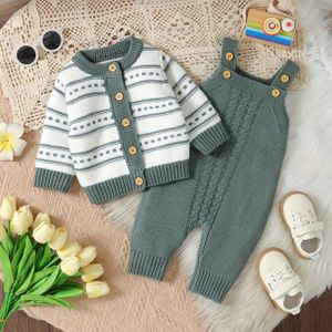 Baby en Peuter Romper Jongens' Suspenders Bodysuit Klimpak Gebreide Open Voorzijde Gestreepte Trui Tweedelige Set, Perfect voor Buiten