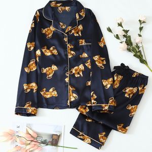 Schattige Cartoon Beer Print Fleece Pyjama Set Voor Vrouwen, Zachte En Comfortabele Lange Mouwen Pyjama Set Met Elastische Taille