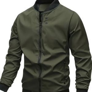 Heren bandkraag jack met rits voor lente/herfst, trendy vrijetijds fit bovenkleding voor mannen
