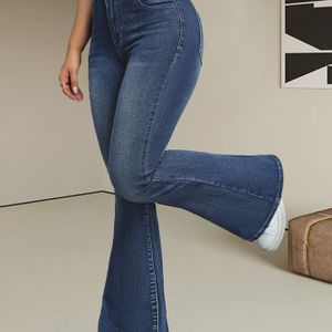 Wijd uitlopende pijpen, gewassen blauw, casual stijl, denimbroek met ritssluiting, knoopsluiting, denimjeans en kleding voor dames