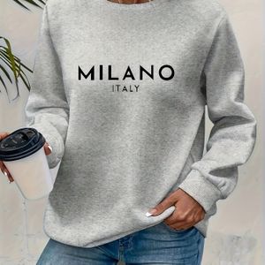 Dames Cozy Fleece Crew Neck Sweatshirt met ' Italië' Letterdruk - Casual Lange Mouw Pullover voor Herfst/Winter, Lichtgrijs, Loose Fit, Perfect voor Casuele Kleding, Cozy Sweatshirt
