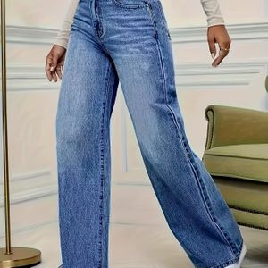 Dames Hoge Taille Stretch Rechte Pijp Jeans - Lichtblauwe Denim, Casual Stijl met Zakken, Comfortabele Pasvorm voor Alle Seizoenen, Hoge Taille Jeans