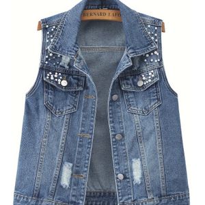 Plus Size Losse Dames Denim Vest met Sjaal, Casual Lente/Herfst Denim Jas