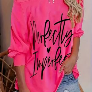 Plus Size, Plus Size Dames Roze "" Letter Print Lange Mouwen Top - Losse Pasvorm met Uitlopende Zoom, Raglanmouwen & Hartdetail, Rekbare Casual Shirt voor All-Seizoen