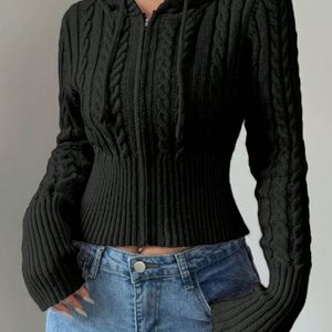 Elegante witte kabelhoodsweatshirt voor dames met frontrits - Lange mouwen, geribde textuur, knoopdetail, perfect voor lente/herfst, casual tot chic outfits, wear | Kabelontwerp | Ritshoodie