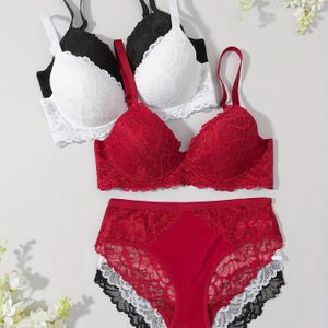 3 Sets Kanten BH Sets, Ademend en Comfortabel, Niet-Verwijderbare Pads, Verstelbare Bandjes, Sexy Ondergoed voor Dames, Lingerie Sets voor Vrouwen, BH en Slip Sets voor Vrouwen