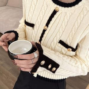 Vrouwen's Elegante Casual Kleurblok Gestudeerde Gouden Ronde Hals Pullover Trui voor Herfst en Winter
