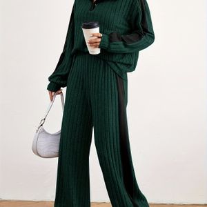 Dames Casual Jumpsuit - Olijfgroen & Kleurblok, Lange Mouw, Wijde Pijpen, Comfortabel voor Alle Seizoenen, Casual Kleding, Casual Wear, Casual Stijl