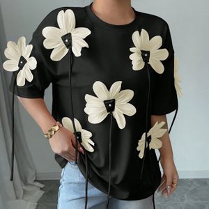 New Women's Casual T-shirt With 3d Floral Applique - Black & Beige Contrast, Round Neck, Medium Stretch, Machine Washable, , Ladies T Shirts