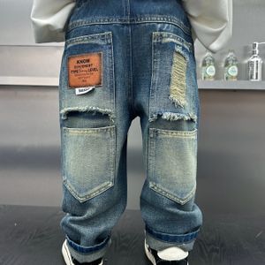 Jongens' Herfst Regular Fit Losse Jeans met Meerdere Zakken en Gescheurd Design Casual Broeken