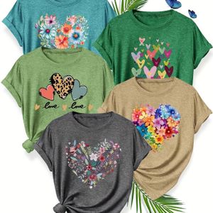 5pcs Combination Simple Clear Line Heart Pattern Print Fashion Retro Style Women's Spring, Summer And Autumn Casual Sports Neck Short Sleeve T-shirt Optional S-xxl