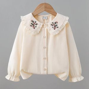 Vintage-geïnspireerde Witte Blouse met Puffmouwen, Peter Pan Kraag & Bloemenprint - Lange Mouwen Knoopsluiting Shirt, Feesten, Bruiloften - Handwasbare Feestelijke Top