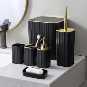 6-piece Black Bathroom Accessories Set With Toothbrush Holder, Soap Dispenser, Waste Bin, Toilet Brush & Holder, Soap Dish - Plastic, Reusable, Floor-mounted