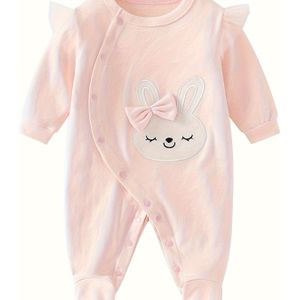 Pasgeboren babymeisjes lente en herfst katoenen comfortabele jumpsuit, voet bedekt lange mouwen schattige roze cartoon geborduurde konijnen romper voor buitenkleding