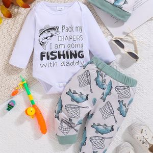 2-delige Baby's FISHING romper & hoed & casual broek, Peuter & babyjongenskleding set, Buitenkleding