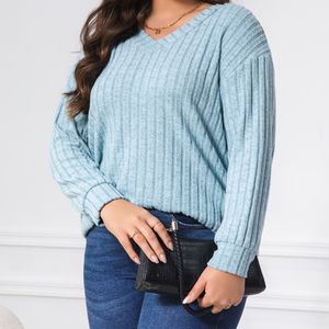 Plus Size Geribbelde Pullover Sweatshirt, Casual Lange Mouw V-hals Sweatshirt Voor Herfst & Lente, Plus Size Kleding Voor Dames